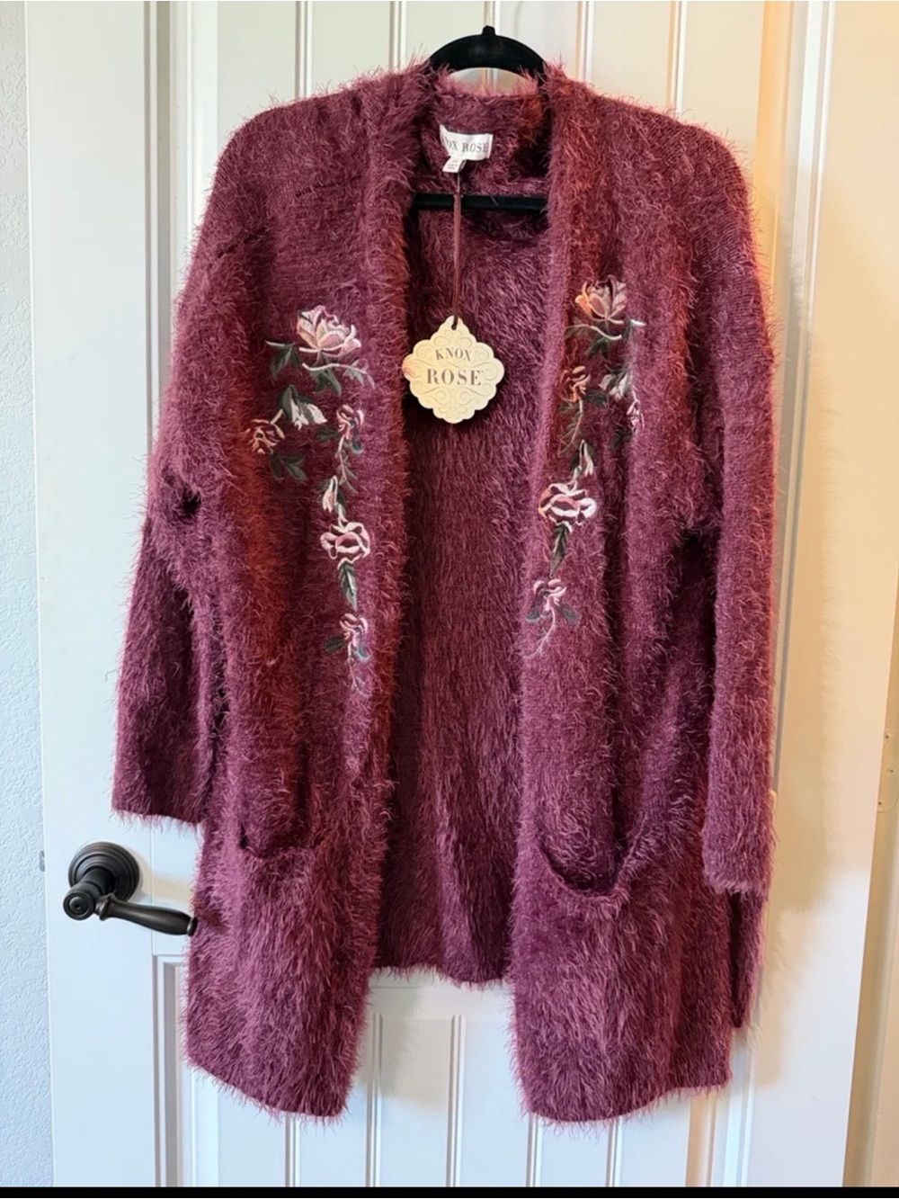 Knox Rose Plush Embroidered Open Cardigan in Dusty Rose